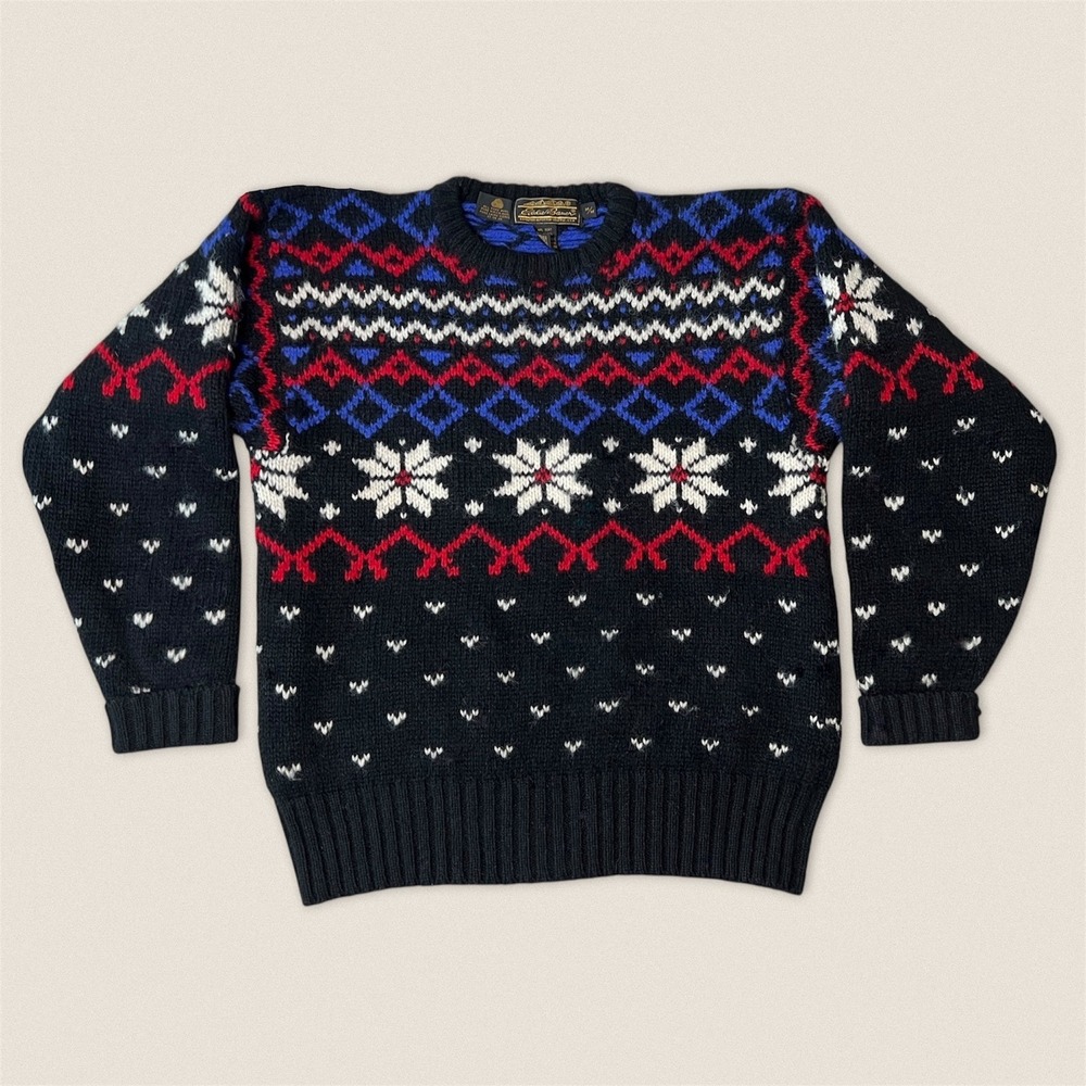 Vintage Eddie Bauer 100% Wool Fair Isle Snowflake Black Sweater Mens‎ Medium